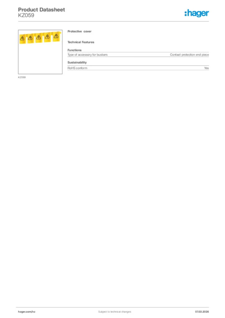Image Hager Product data sheet KZ059  | Hager New Zealand
