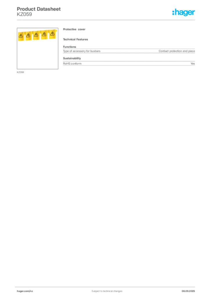 Image Hager Product data sheet KZ059  | Hager New Zealand