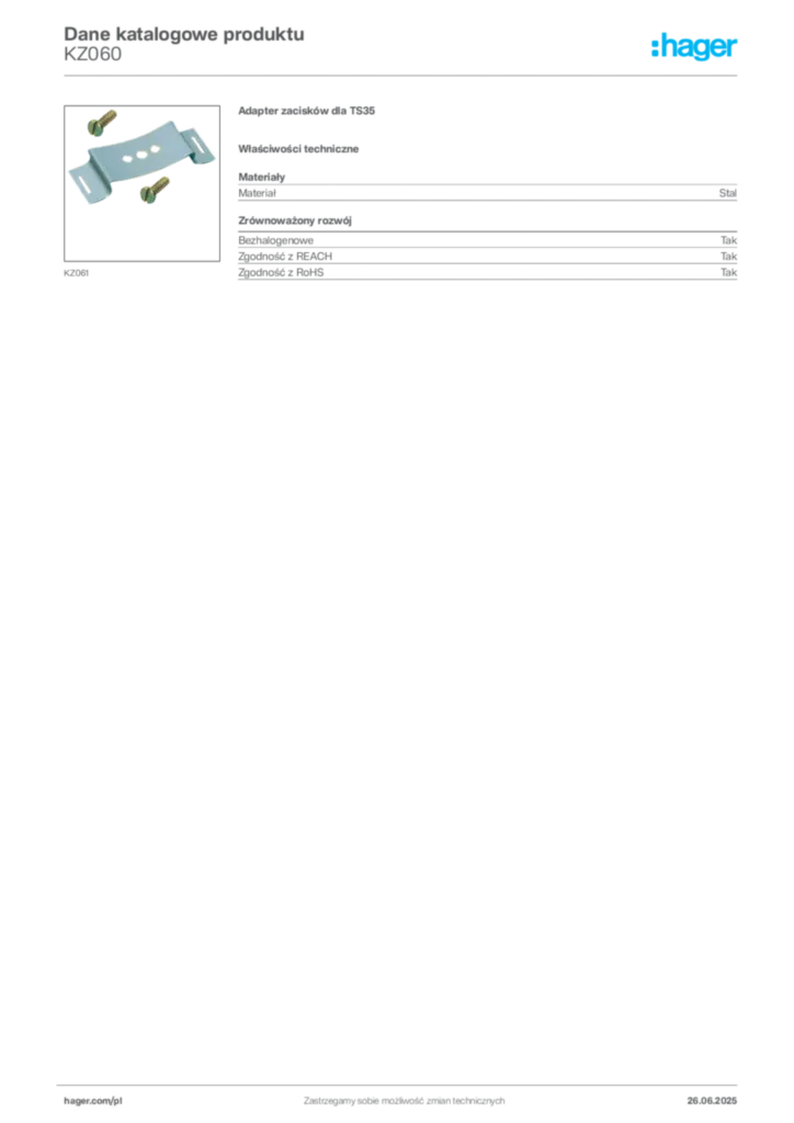 Zdjęcie Hager Karta katalogowa KZ060 | Hager Polska