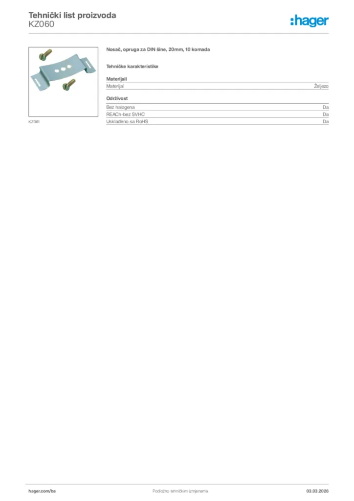 Slika Hager Tehnički list proizvoda KZ060  | Hager