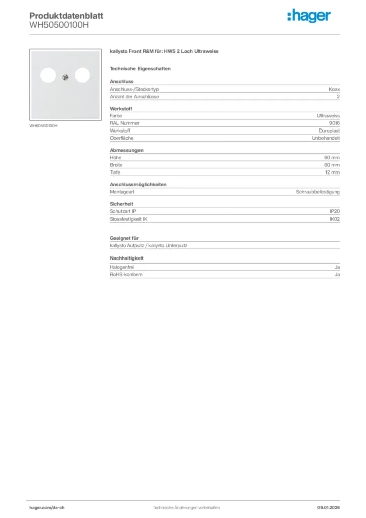 Bild Hager Produktdatenblatt WH50500100H | Hager Schweiz