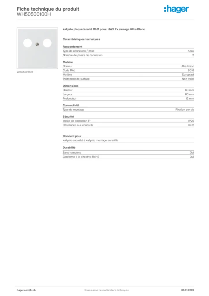 Image Hager Fiche technique du produit WH50500100H | Hager Suisse