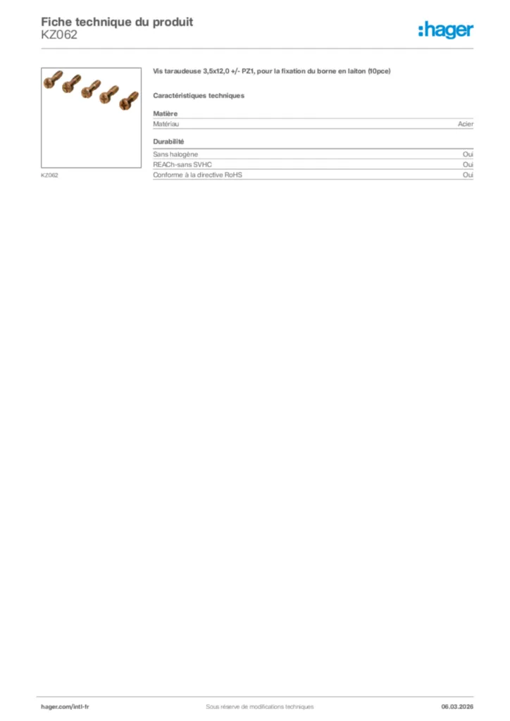 Image Hager Fiche technique du produit KZ062 | Hager Afrique