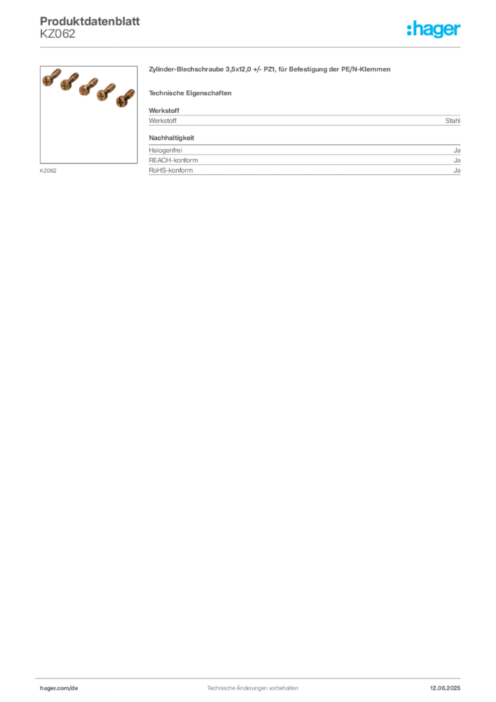 Hager Produktdatenblatt KZ062