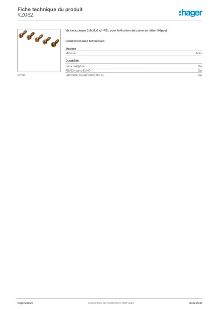 Image Hager Fiche technique du produit KZ062 | Hager France