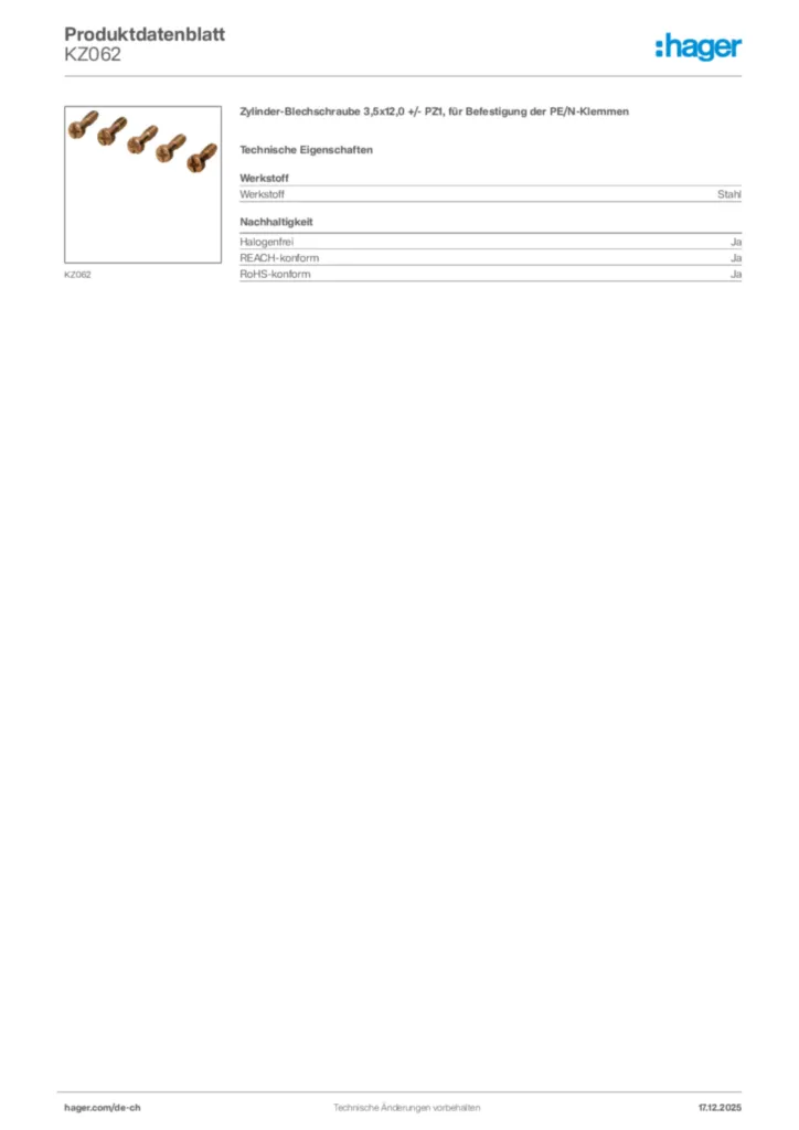 Bild Hager Produktdatenblatt KZ062 | Hager Schweiz