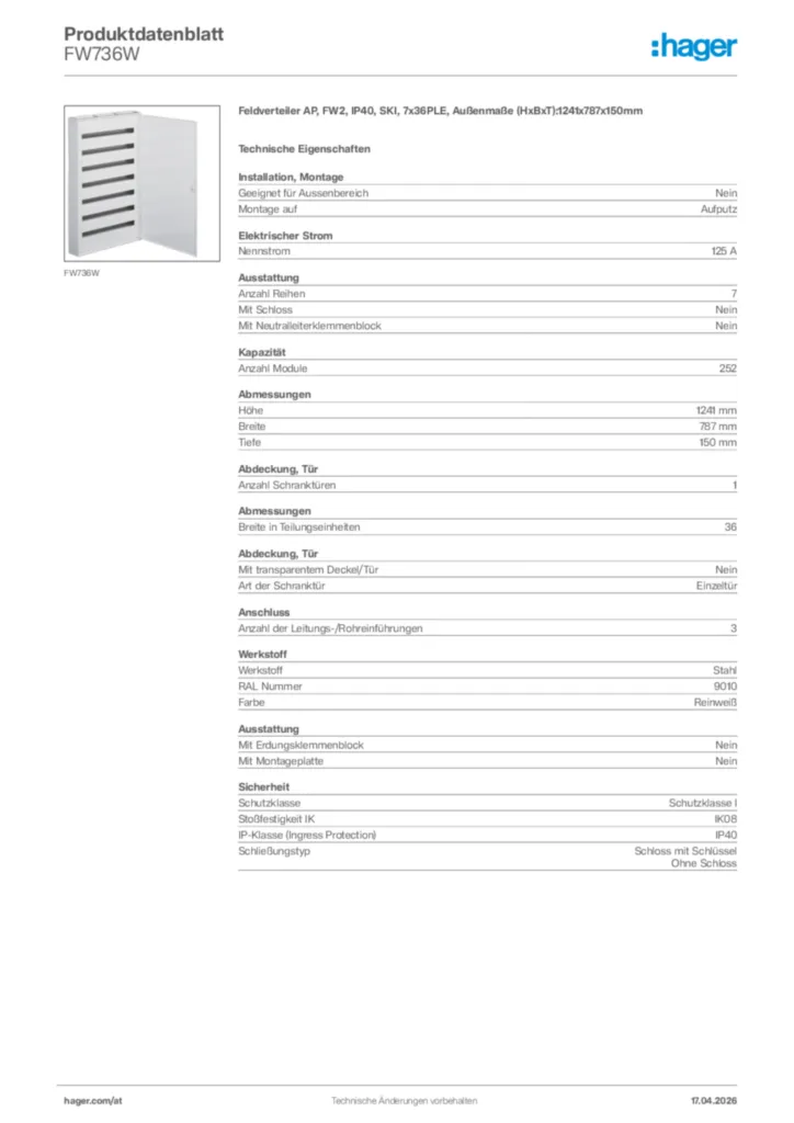 Bild Hager Produktdatenblatt FW736W | Hager Deutschland