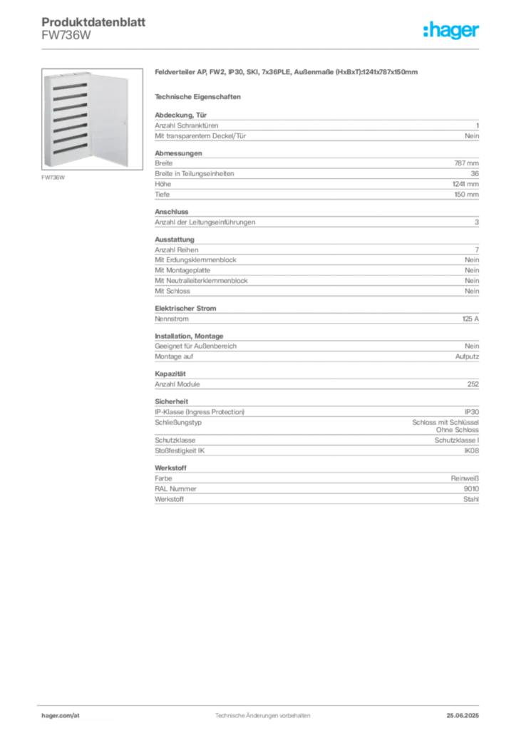 Bild Hager Produktdatenblatt FW736W | Hager Deutschland