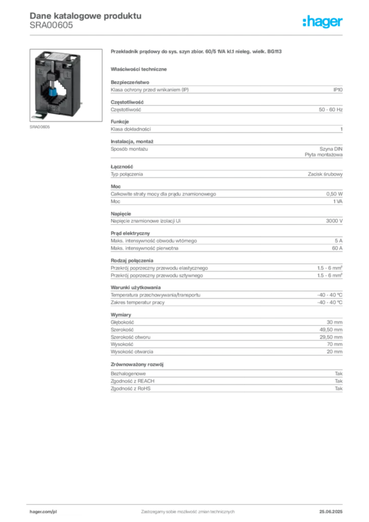 Zdjęcie Hager Karta katalogowa SRA00605 | Hager Polska