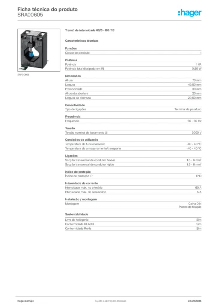 Imagem Hager Ficha técnica do produto SRA00605 | Hager Portugal