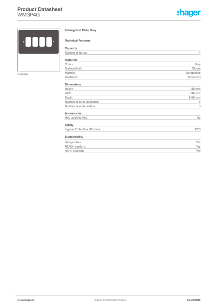 Image Hager Product data sheet WMGP4G  | Hager