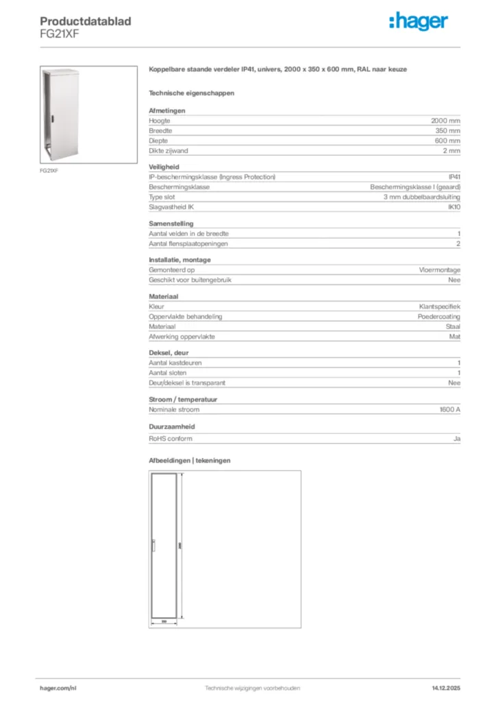 Afbeelding Hager Productdatablad FG21XF | Hager Nederland