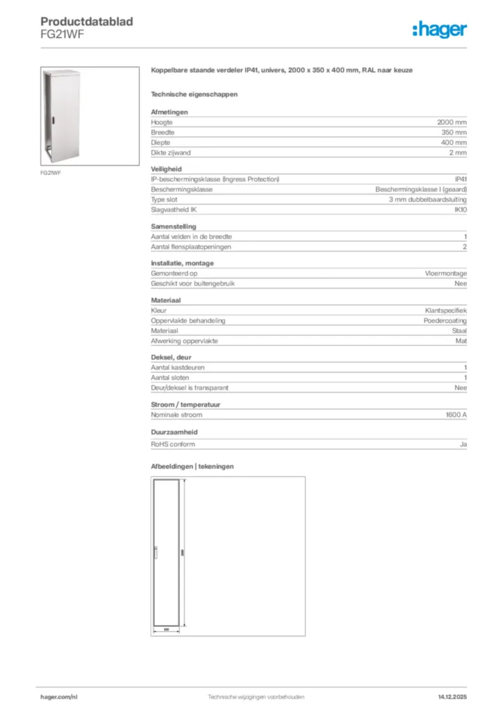 Afbeelding Hager Productdatablad FG21WF | Hager Nederland