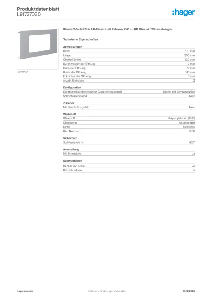 Bild Hager Produktdatenblatt L91727030 | Hager Deutschland