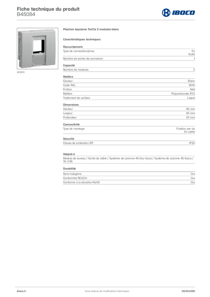 Image Iboco Fiche technique du produit B45084 | Hager France