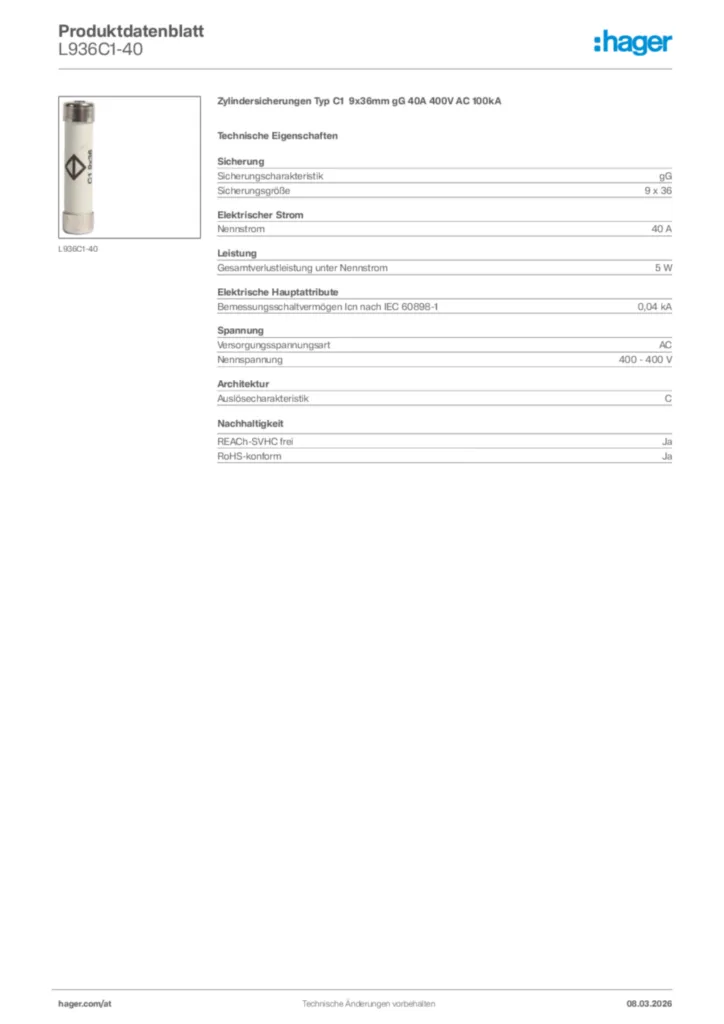 Bild Hager Produktdatenblatt L936C1-40 | Hager Deutschland