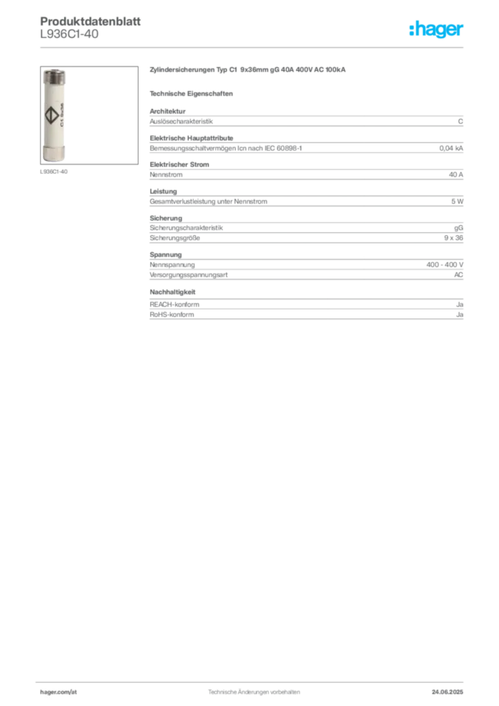 Bild Hager Produktdatenblatt L936C1-40 | Hager Deutschland