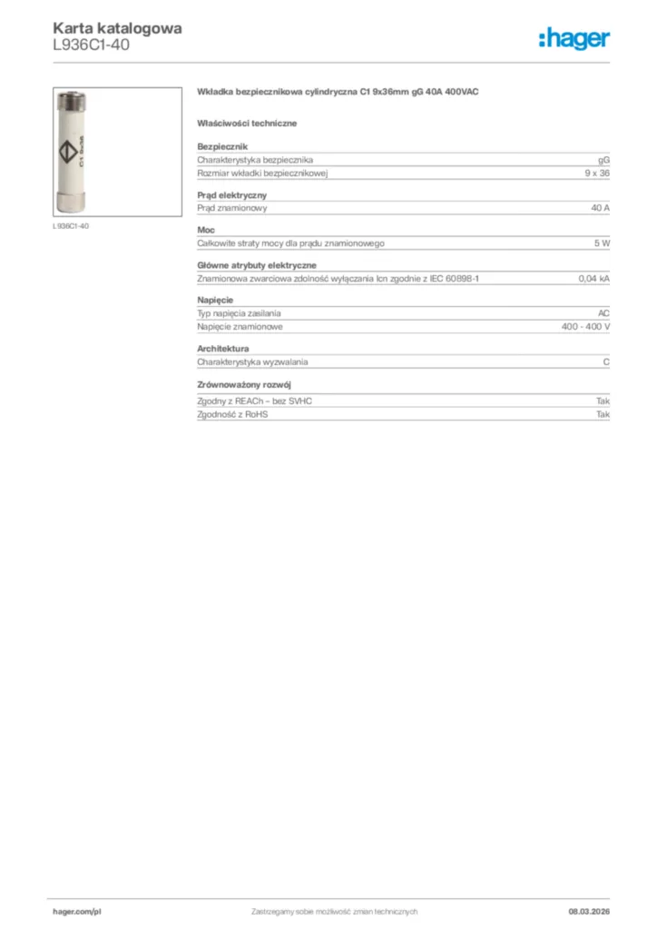 Zdjęcie Hager Karta katalogowa L936C1-40 | Hager Polska