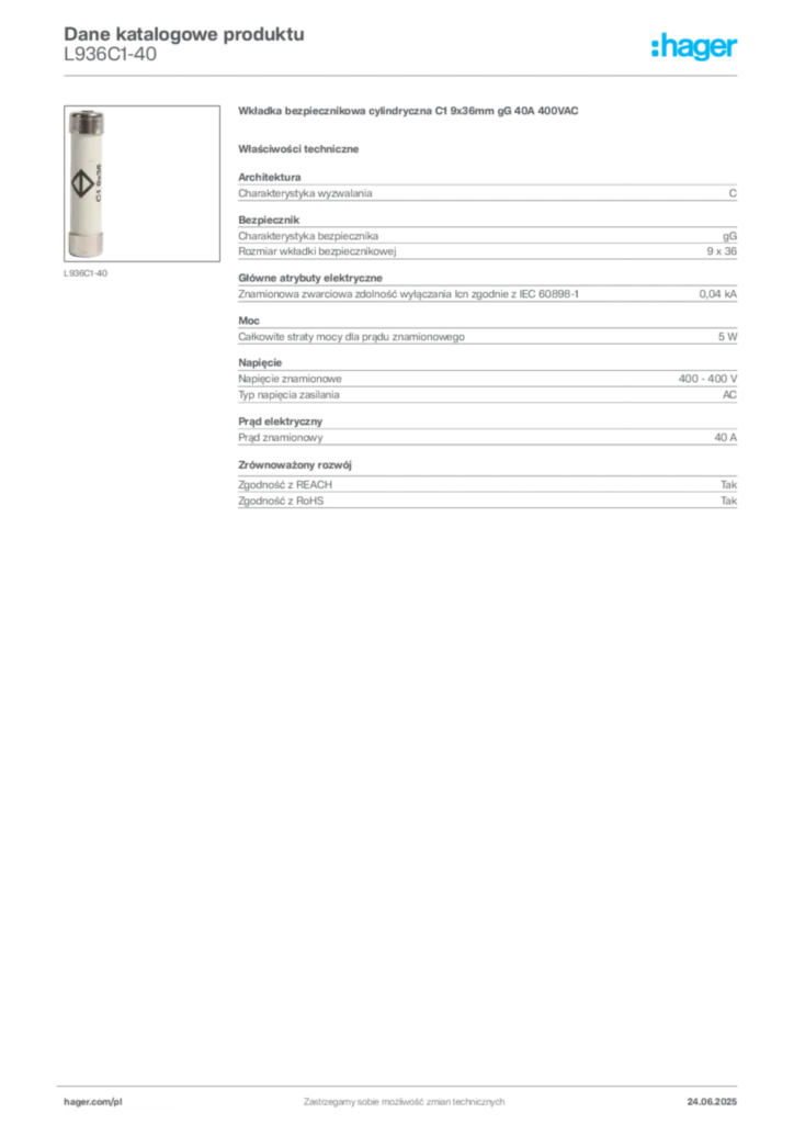 Zdjęcie Hager Karta katalogowa L936C1-40 | Hager Polska