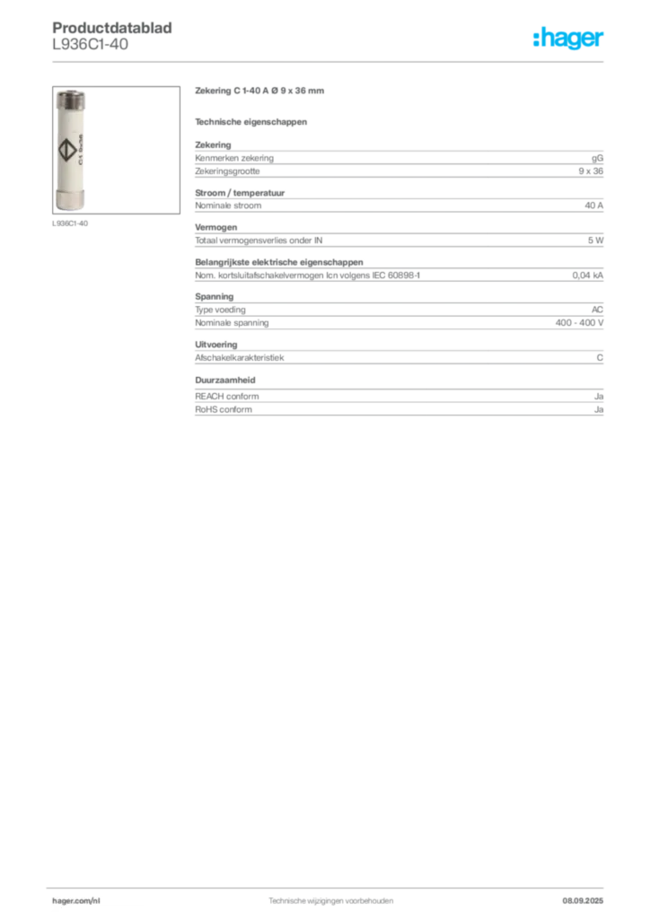 Afbeelding Hager Productdatablad L936C1-40 | Hager Nederland