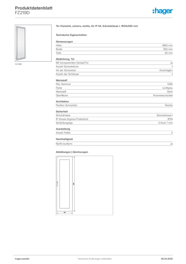 Bild Hager Produktdatenblatt FZ219D | Hager Deutschland