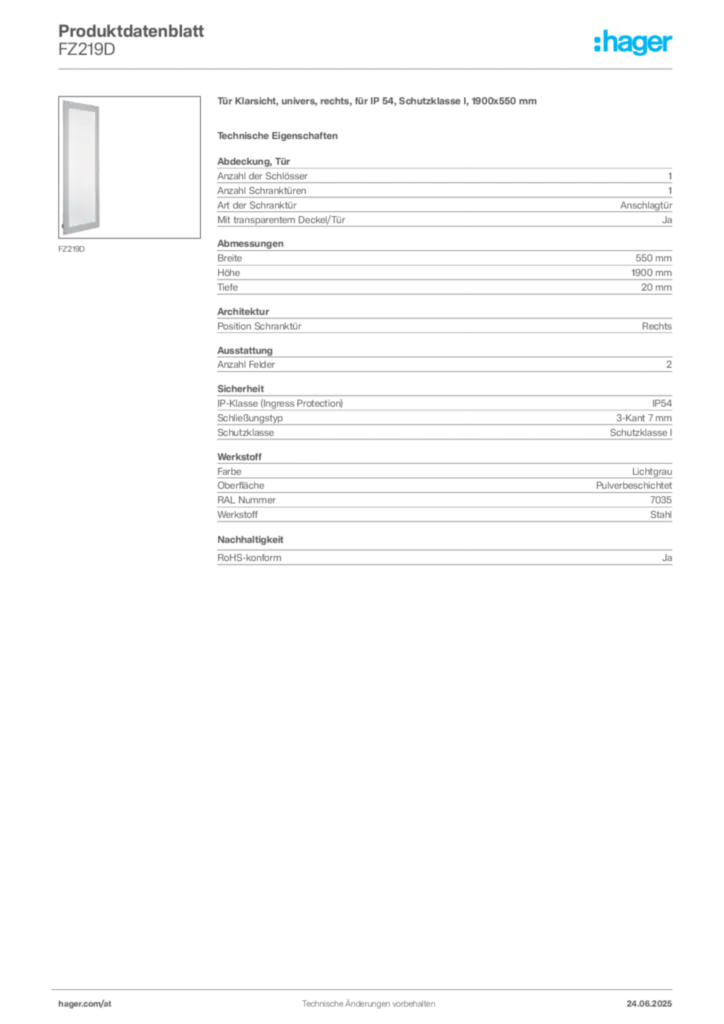 Bild Hager Produktdatenblatt FZ219D | Hager Deutschland