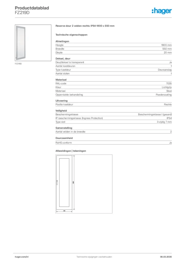 Afbeelding Hager Productdatablad FZ219D | Hager Nederland