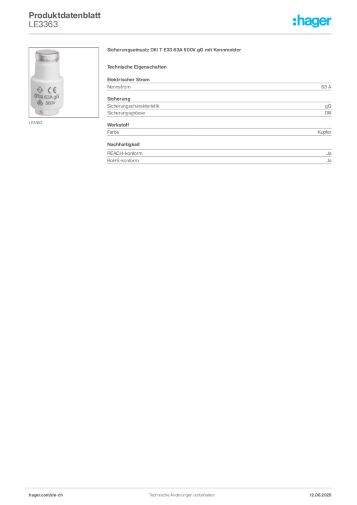 Bild Hager Produktdatenblatt LE3363 | Hager Schweiz