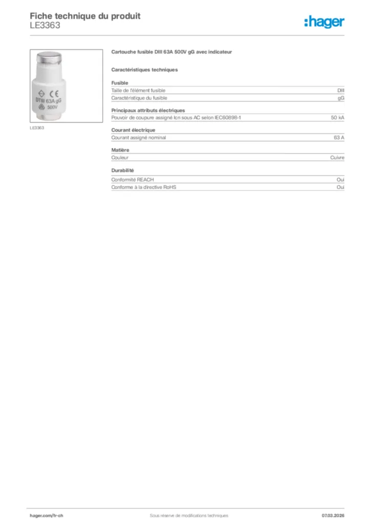 Image Hager Fiche technique du produit LE3363 | Hager Suisse