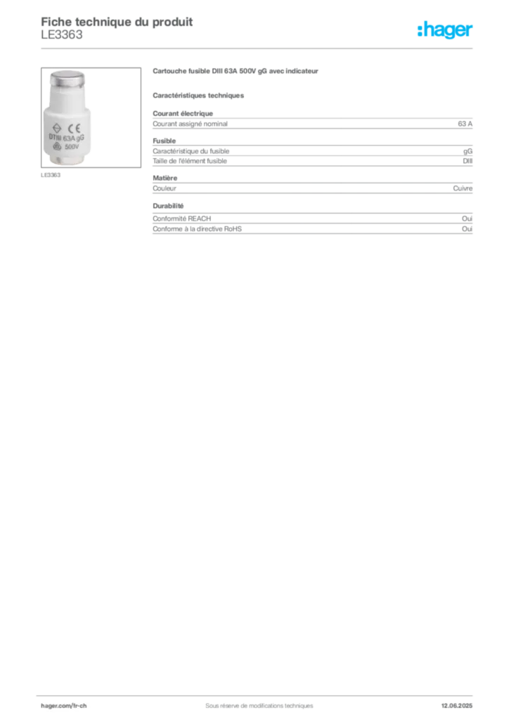 Image Hager Fiche technique du produit LE3363 | Hager Suisse