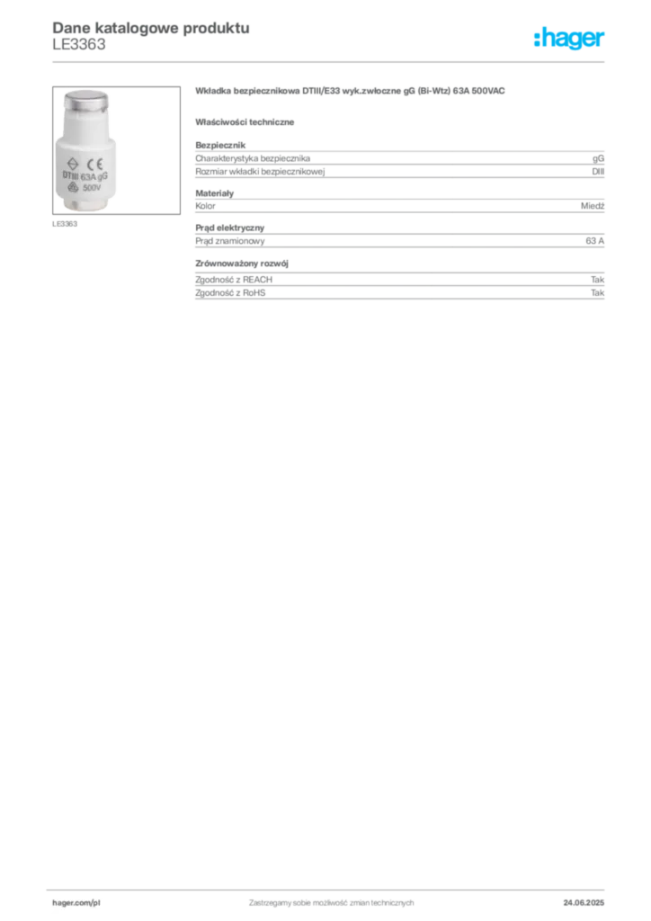 Zdjęcie Hager Karta katalogowa LE3363 | Hager Polska