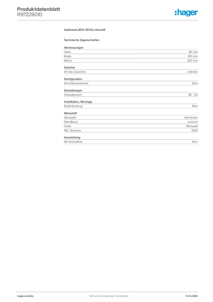 Bild Hager Produktdatenblatt R97229010 | Hager Deutschland