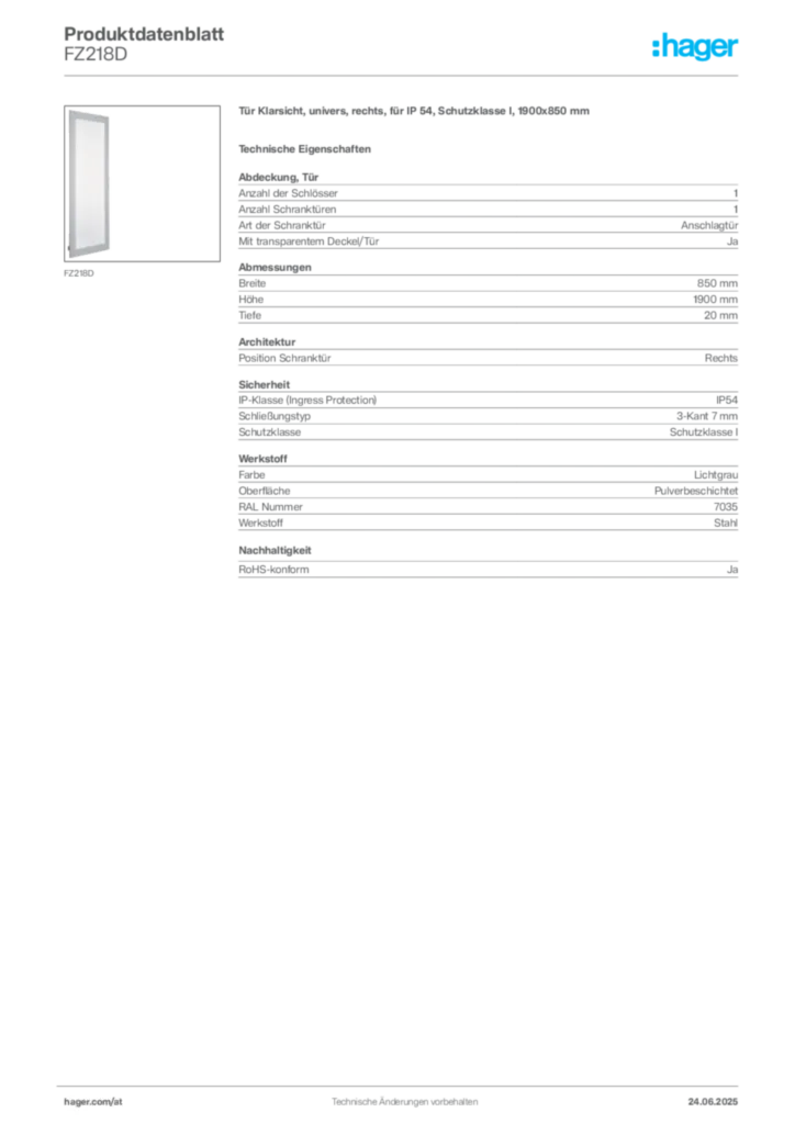 Bild Hager Produktdatenblatt FZ218D | Hager Deutschland
