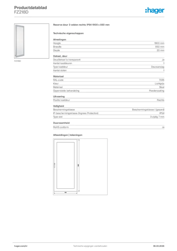 Afbeelding Hager Productdatablad FZ218D | Hager Nederland