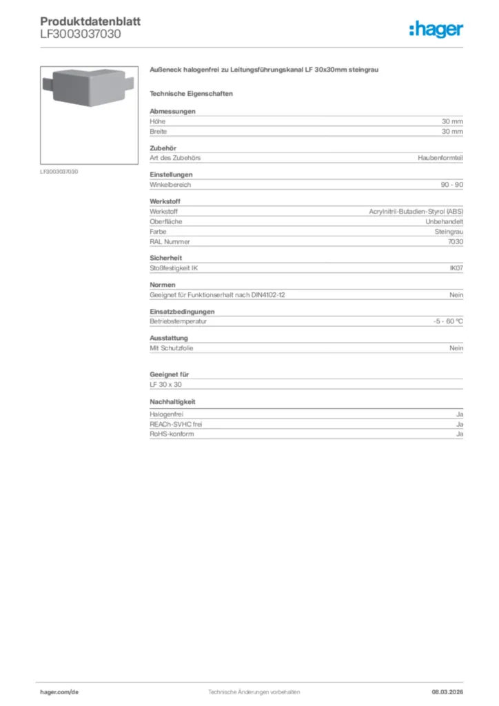 Bild Hager Produktdatenblatt LF3003037030 | Hager Deutschland