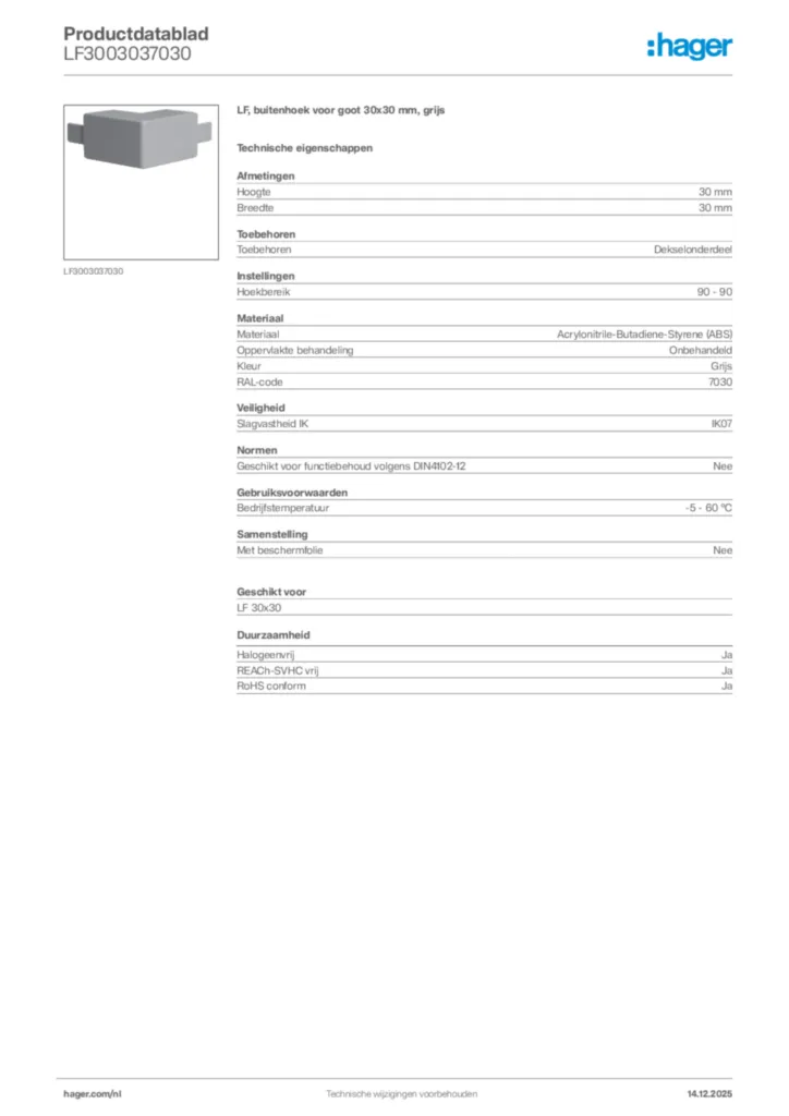 Afbeelding Hager Productdatablad LF3003037030 | Hager Nederland