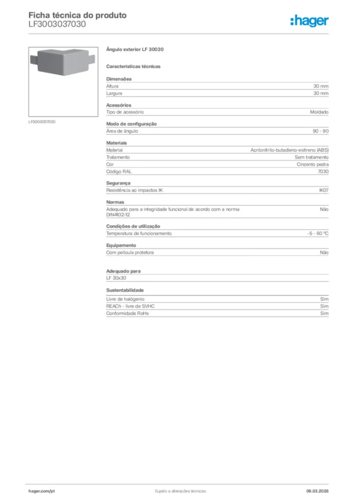 Imagem Hager Ficha técnica do produto LF3003037030 | Hager Portugal