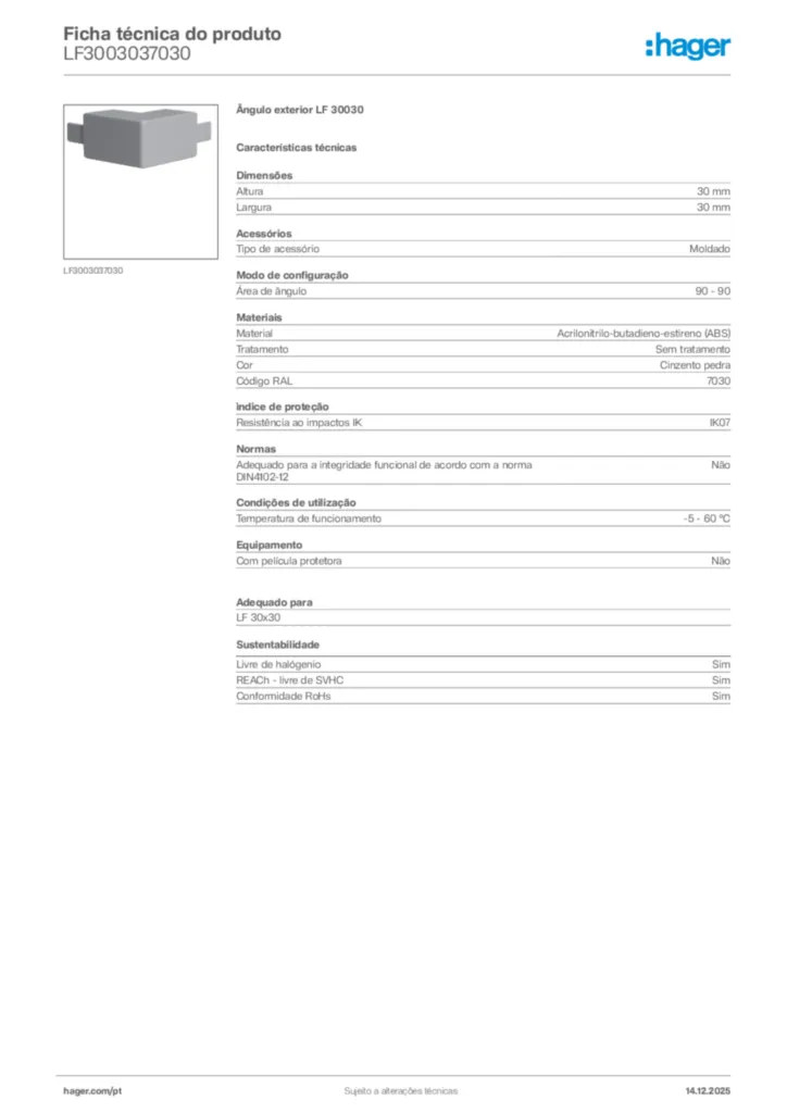 Imagem Hager Ficha técnica do produto LF3003037030 | Hager Portugal