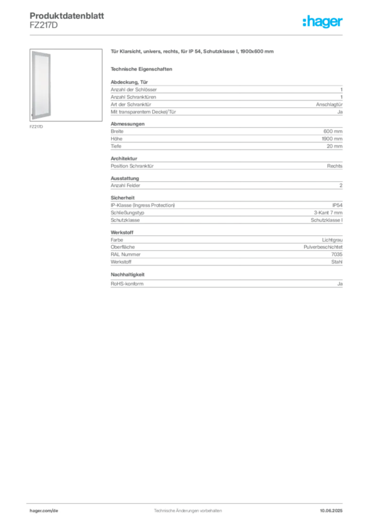 Bild Hager Produktdatenblatt FZ217D | Hager Deutschland