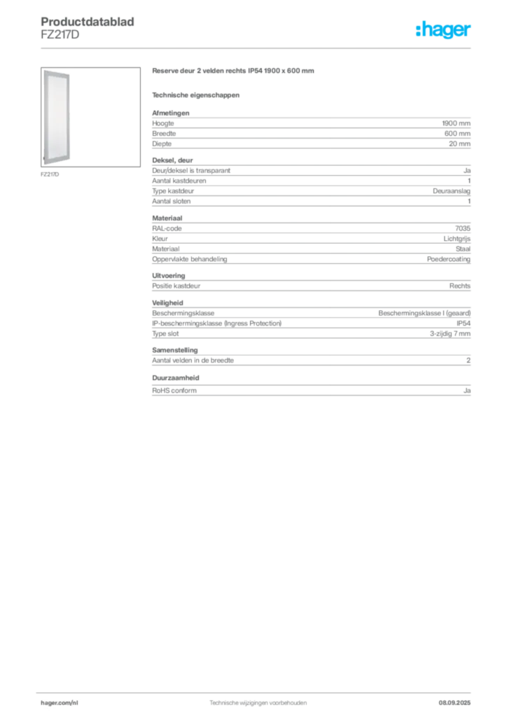 Afbeelding Hager Productdatablad FZ217D | Hager Nederland