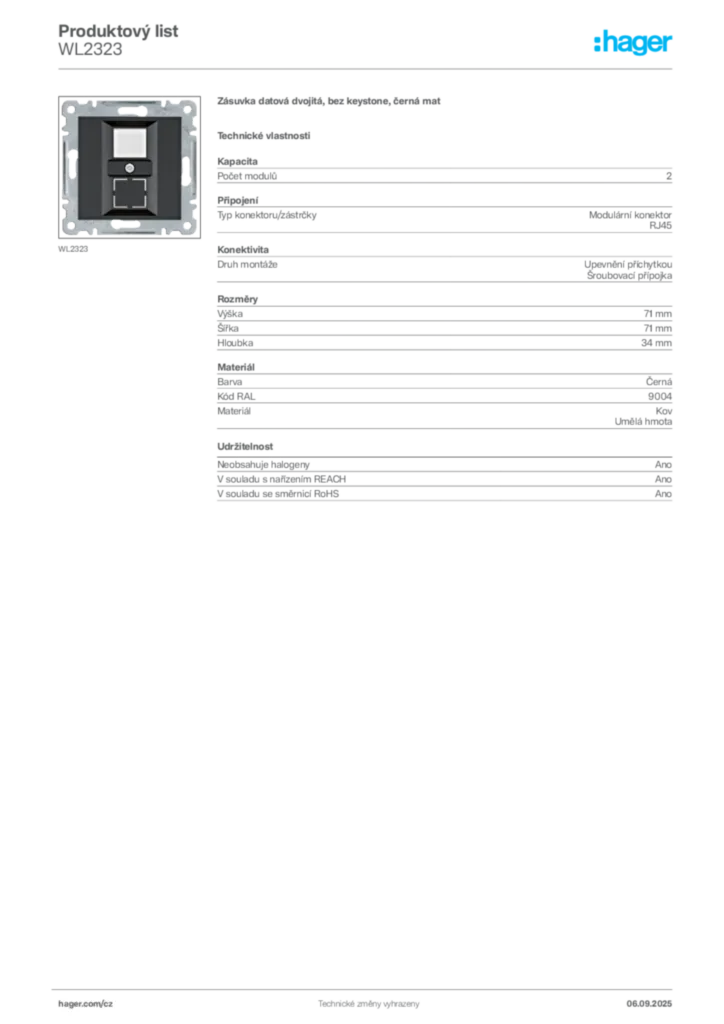 Obrázek Hager Produktový list WL2323 | Hager