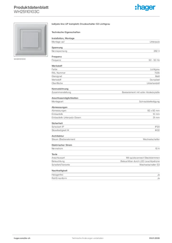 Bild Hager Produktdatenblatt WH25110103C | Hager Schweiz