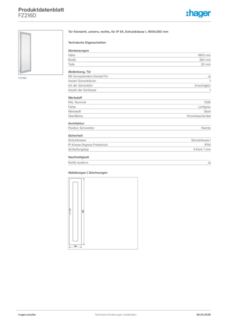 Bild Hager Produktdatenblatt FZ216D | Hager Deutschland