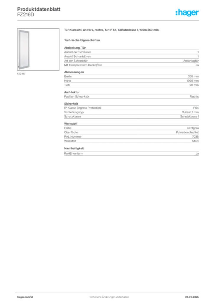 Bild Hager Produktdatenblatt FZ216D | Hager Deutschland