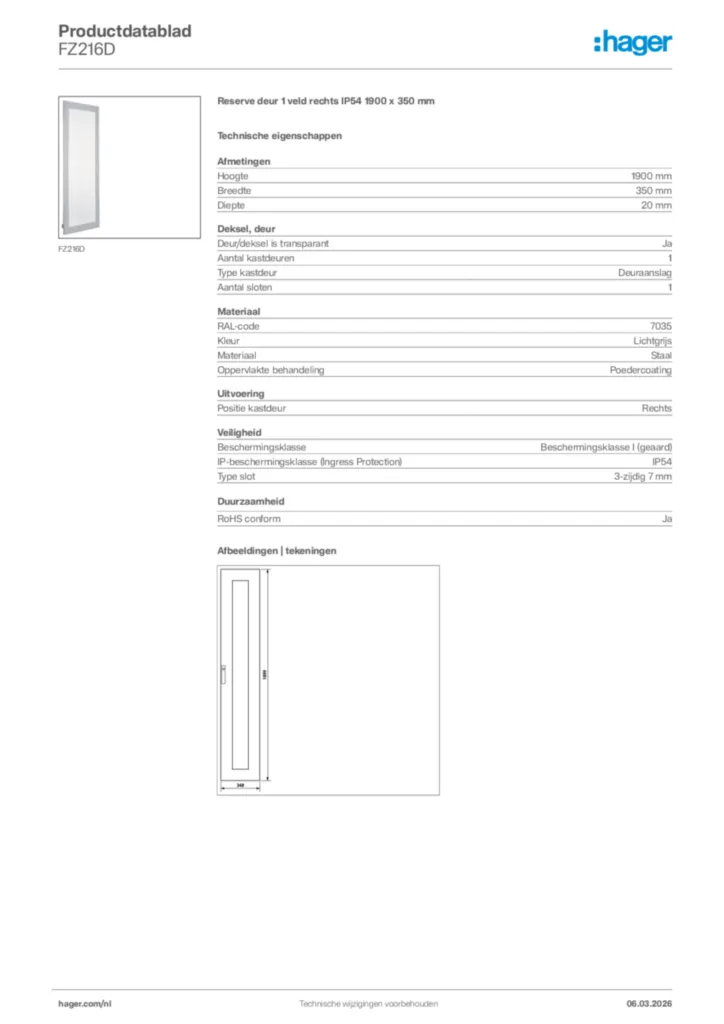 Afbeelding Hager Productdatablad FZ216D | Hager Nederland