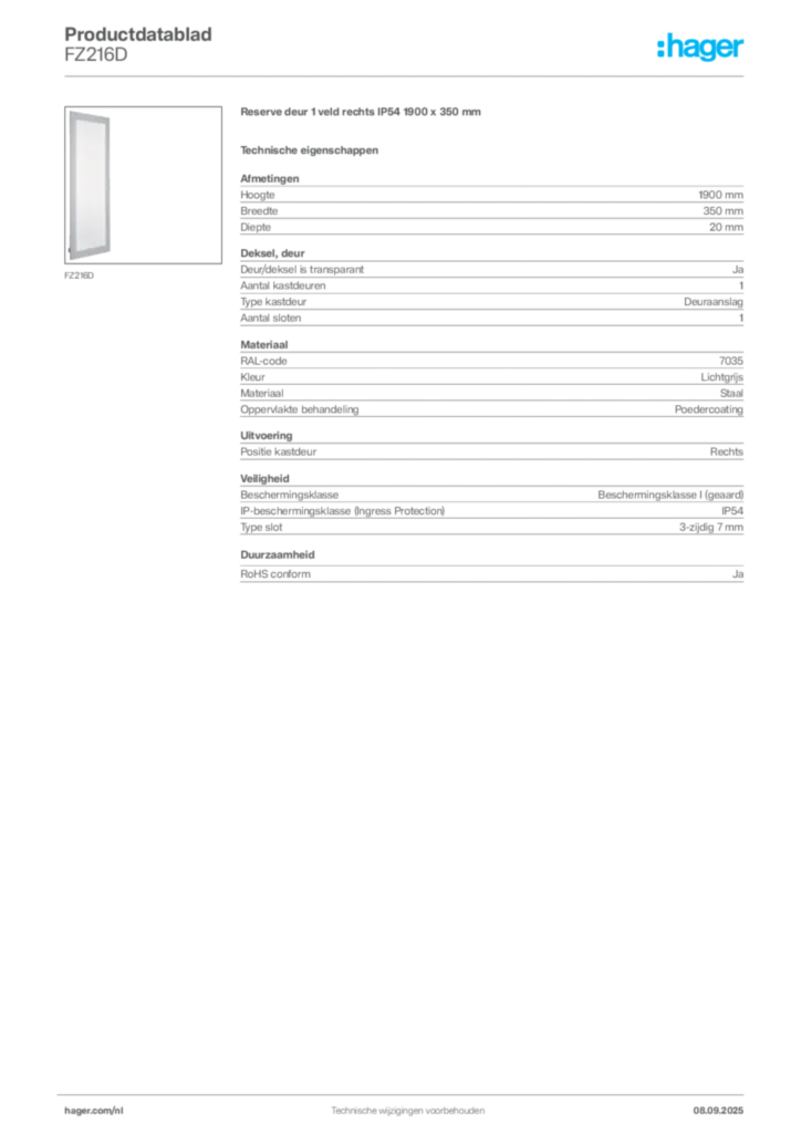 Afbeelding Hager Productdatablad FZ216D | Hager Nederland