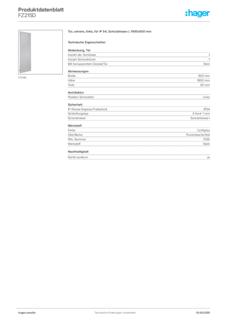 Bild Hager Produktdatenblatt FZ215D | Hager Deutschland