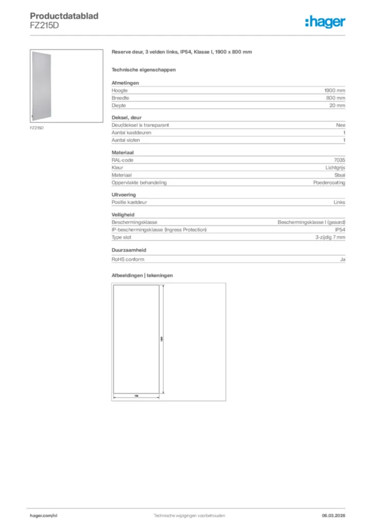 Afbeelding Hager Productdatablad FZ215D | Hager Nederland