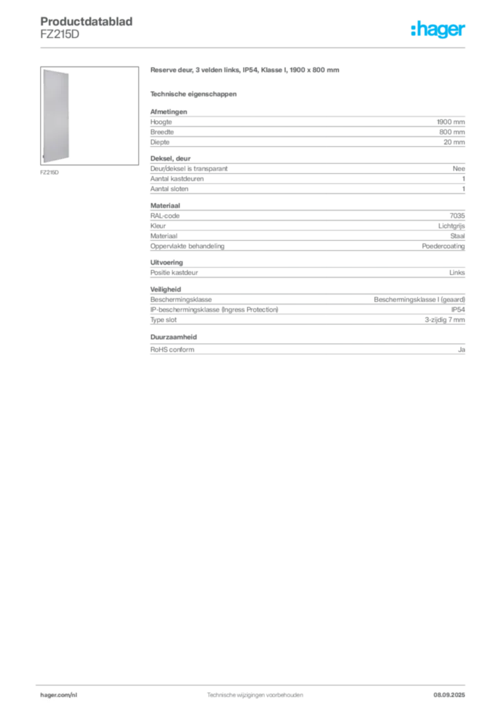Afbeelding Hager Productdatablad FZ215D | Hager Nederland