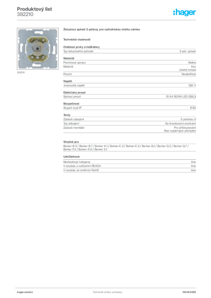 Obrázek Hager Produktový list 382210 | Hager